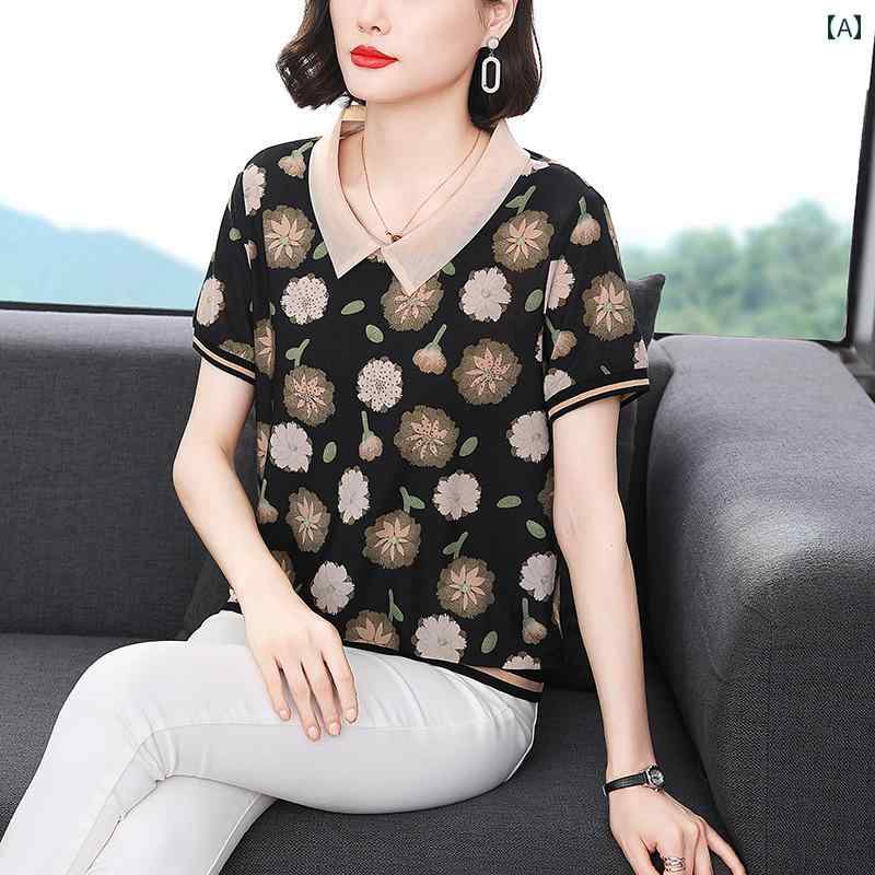 トップス レディース マザーズ 婦人服 普段使い ベビー ドール 襟 半袖 プリント Tシャツ 女性 夏 韓国 ゆったり お腹 カバー カジュアル ママ ウェア