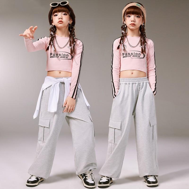 子供服 ダンス キッズ 衣装 セットアップ ヒップホップ ジャズダンス 秋冬 女の子 へそ出し ピンク スウェット ストリート パフォーマンス 練習着 スポーティー