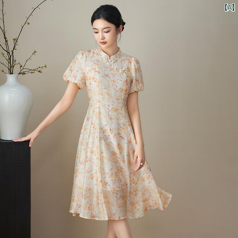 レディース ワンピース きれいめ 上品 婦人服 中華風 花柄 ドレス プリント ビーズ ディスク バックルクール