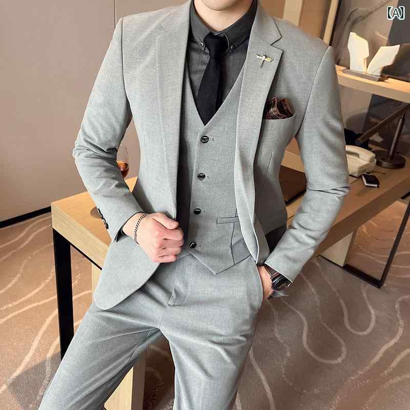メンズ 秋冬 スーツ 韓国 スリムフィット 新郎 花婿 ウェディングドレス ホスト チェック柄 スリーピーススーツ