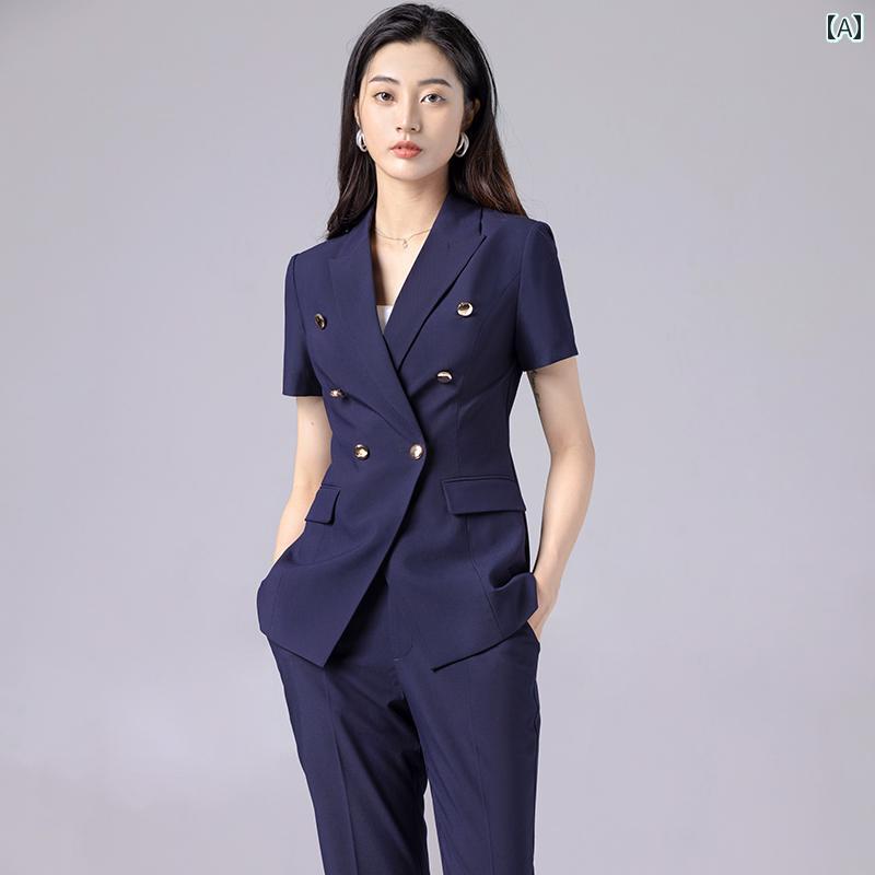 夏 スーツ レディース 大人 レディース スタイリッシュ 夏 半袖 ダブルブレスト スリムフィット ボタンポケット 作業服 薄手 セットアップ 上下2点セット ファッション 婦人服 婦人服