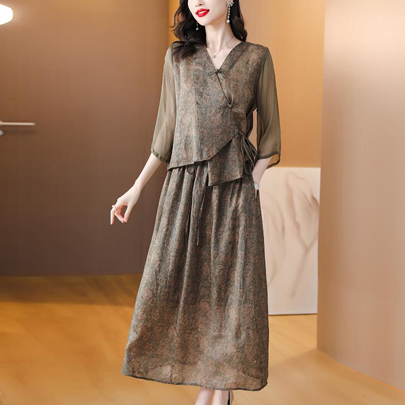 トップス スカート レディース ファッション ミセス 婦人服 レトロ バックル レース ゆったり ラミー ママ 夏 コットンリネン ツーピース セット