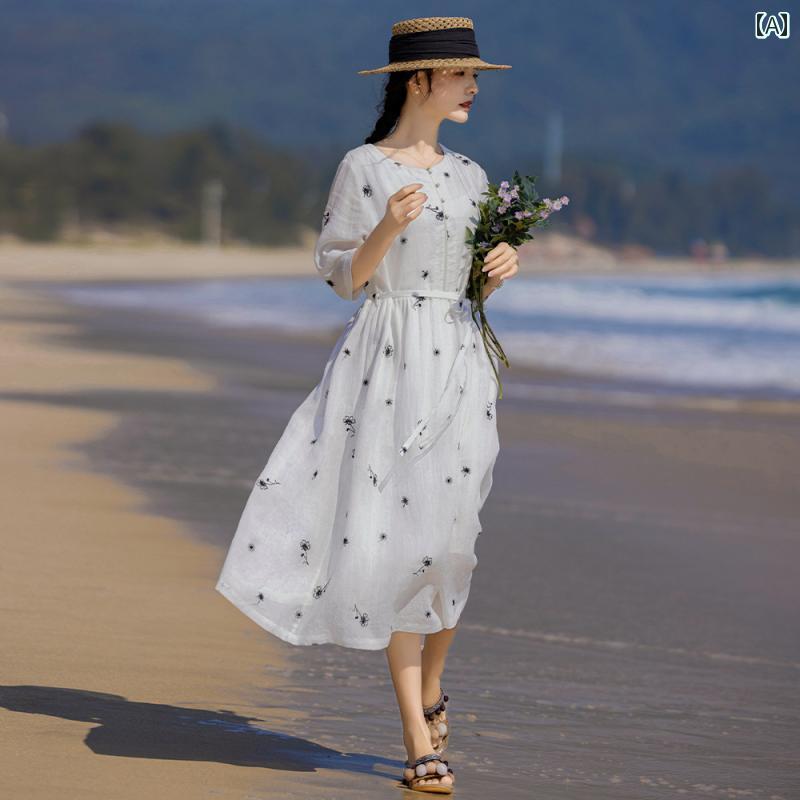 レディース ワンピース きれいめ 上品 婦人服 スーパー フェアリーホワイト ハイエンド シーサイド バケーション ドレス 花柄 刺繍 ウエスト 文学 ラミー ビーチ