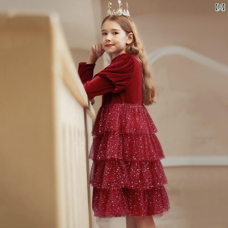 ドレス キッズ ワンピース おしゃれ かわいい 女の子 子供服 冬 ビッグ 子供 ベルベット レッド 子供 メッシュ ケーキ