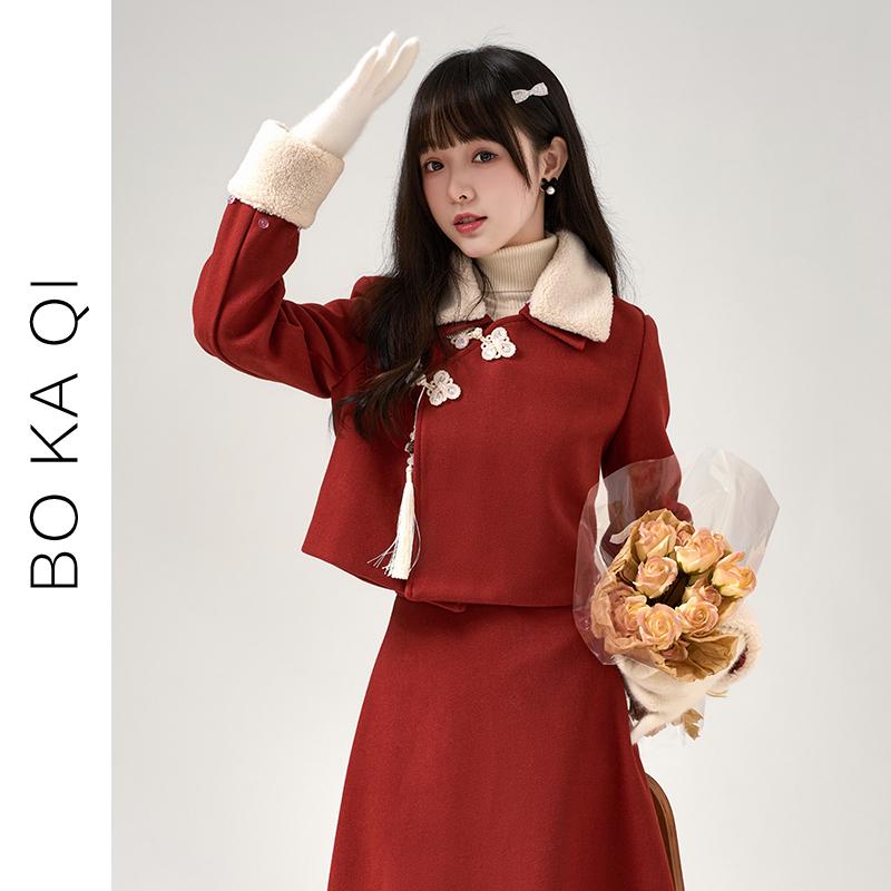 ジャケット トップス レディース ファッション 秋冬 レッド ディスク ボタン ショート 女性 ガーリー カレッジ 中国 スリムフィット ウール 6,600円