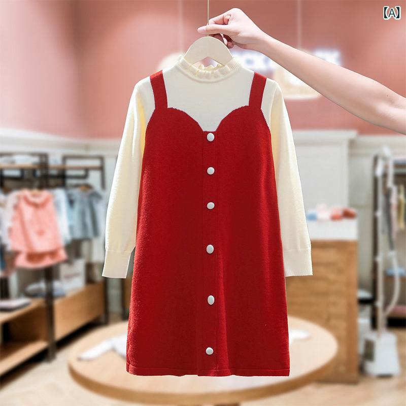 キッズ ワンピース 子供服 ガールズ 秋冬 赤い セーター ドレス 正月 洋風 子供 スカート