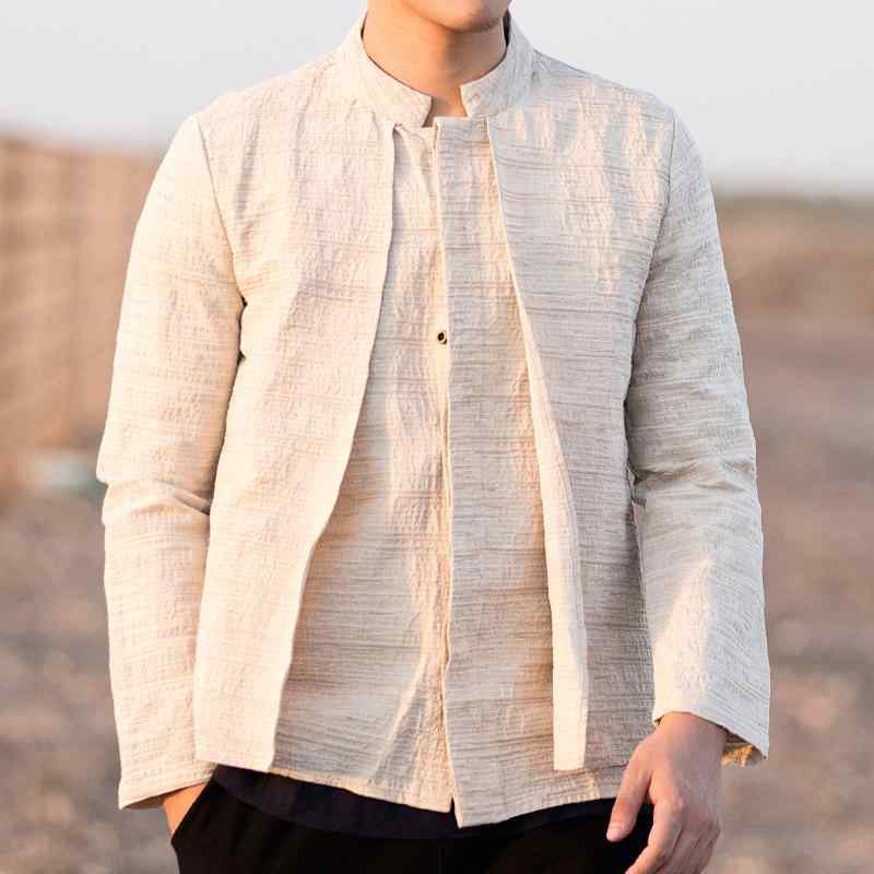 シャツ メンズ 秋 春 カジュアル ファッション レトロ 民族 衣装 フェイク ツーピース 綿麻 服 スタンドカラー 唐 スーツ ジャカード トップス