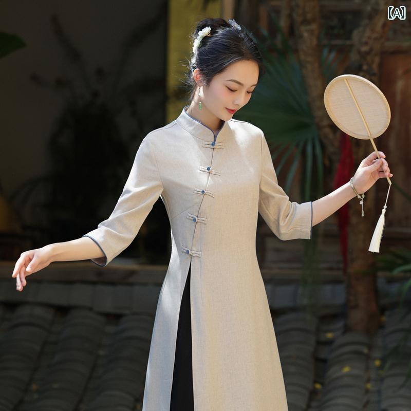 夏 仏教 瞑想 無地 レディース 春夏秋 茶 服 チャイナ風 婦人服 レディース ハイスリット トップス ワイドレッグパンツ