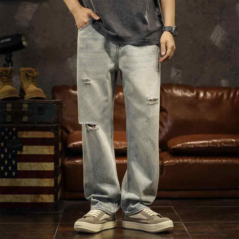 デニムパンツ メンズ メンズ 長ズボン ロングパンツ ボトムス 春夏秋 オールシーズン アメリカン ストリート レトロ 破れ加工 ウォッシュド ジーンズ 薄手 夏向き ストレート ストレッチ性し 綿混紡 カジュアル レジャー 大きめサイズ ヴィンテージ風ライトブルー