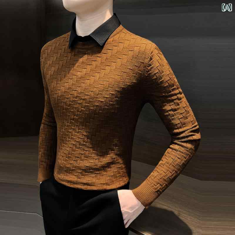 トップス シャツ メンズ フェイク ツーピース セーター 秋冬 暖かい ニット セーター ツーピース セット スリム インナー レイヤリング