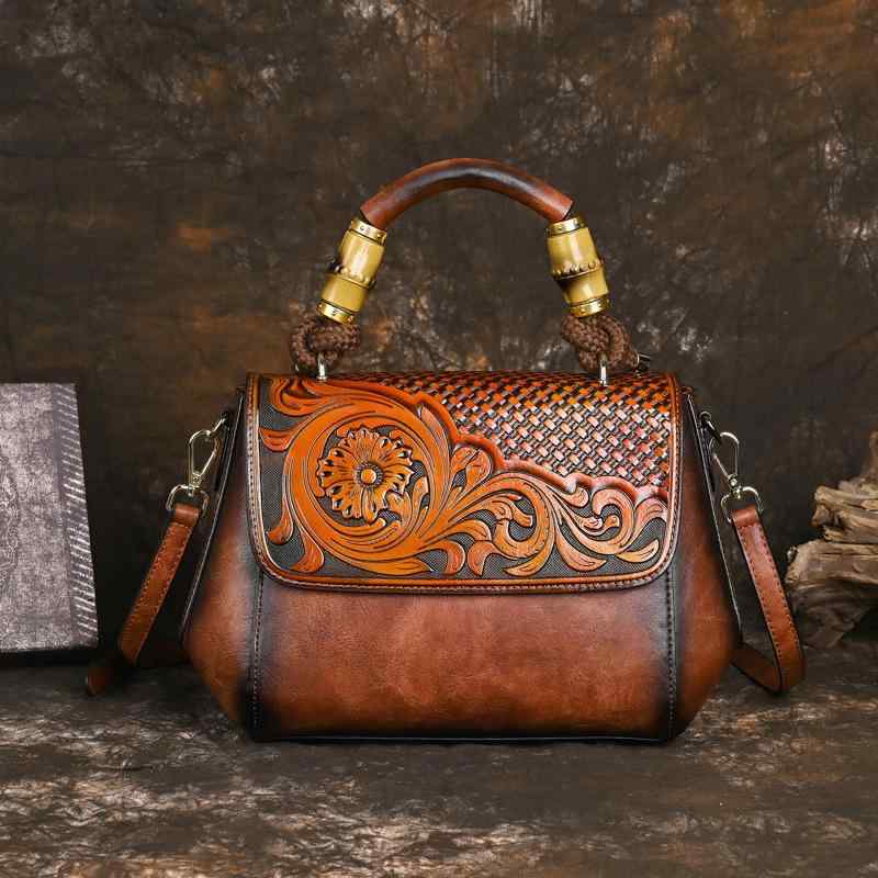 レディース カジュアル バッグ レトロ ハンドバッグ 革 彫刻 工芸 ショルダー クロス ボディバッグ ハイエンド Pu レザー 小さい スクエアバッグ