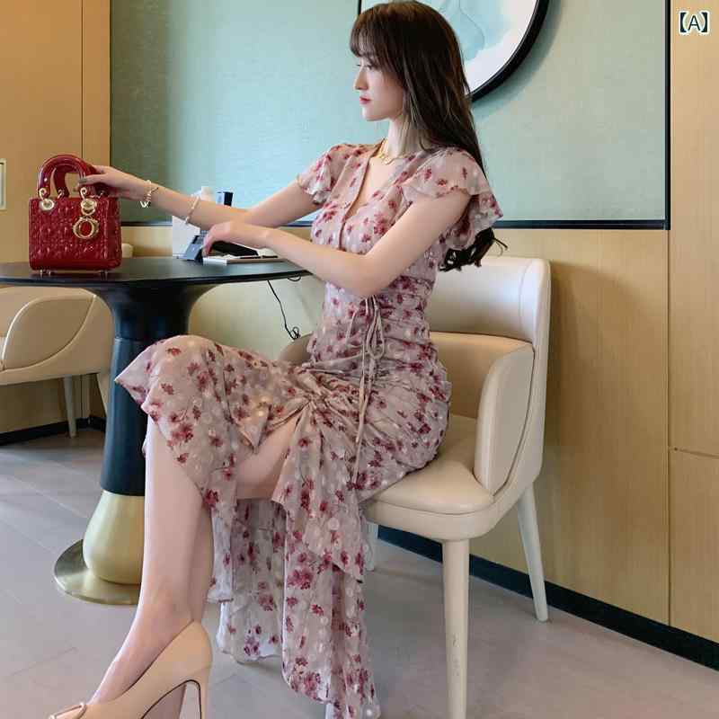 レディース 夏 リゾート ワンピース ドレス フレンチ ジェントル 女性 初恋 花柄 フリル プリーツ ウエスト 不規則 フィッシュ テール スカート｜セキュアデポ