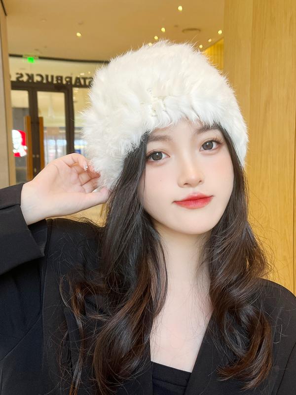 冬 ウール 帽子 ウサギ 毛皮 帽子 女性 包頭 帽子 厚い 暖かい クール 甘くて かわいい 耳保護 帽子