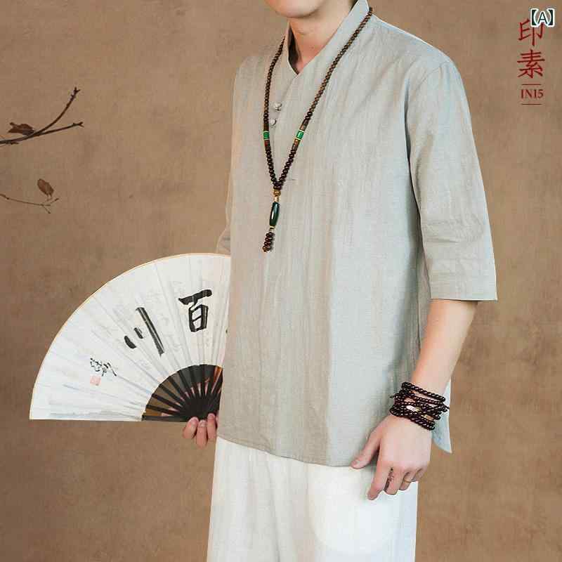 メンズ 中華風 レトロ コットンリネン T シャツ 半袖 ボタン アップ リネン トップス V ネック 中国 漢服 七分袖