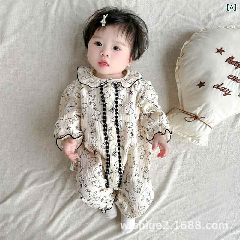 ロンパース ベビー服 カバーオール ジャンプ スーツ 新生児 服 コットン 長袖 プリント バニー 女児 赤ちゃん 春秋服 美しい 屋外 クロール 服
