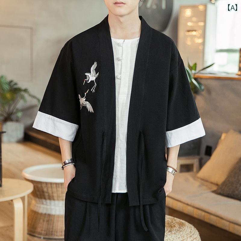 メンズ 夏 T シャツ トップス チャイナ風 リネン レトロ 道教 ローブ 中国 刺繍 漢服 七分袖 日焼け防止 ジャケット
