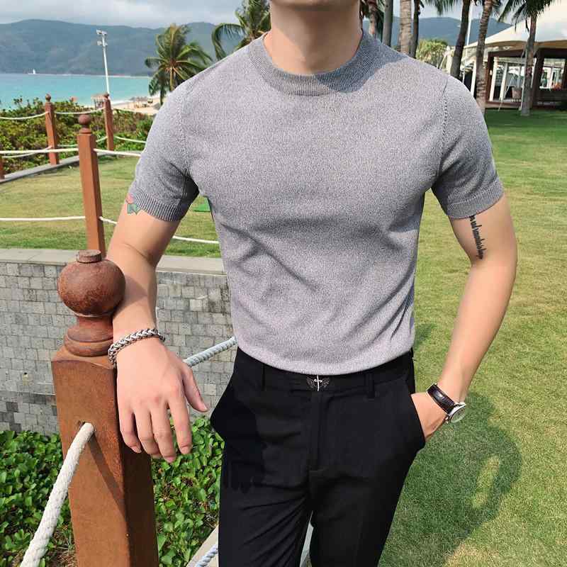 Tシャツ メンズ スリム 半袖 シャツ ニット 韓国 ソリッドカラー カジュアル ひんやり 涼しい 快適 半袖 ラウンドネック シャツ スリムフィット ファッション