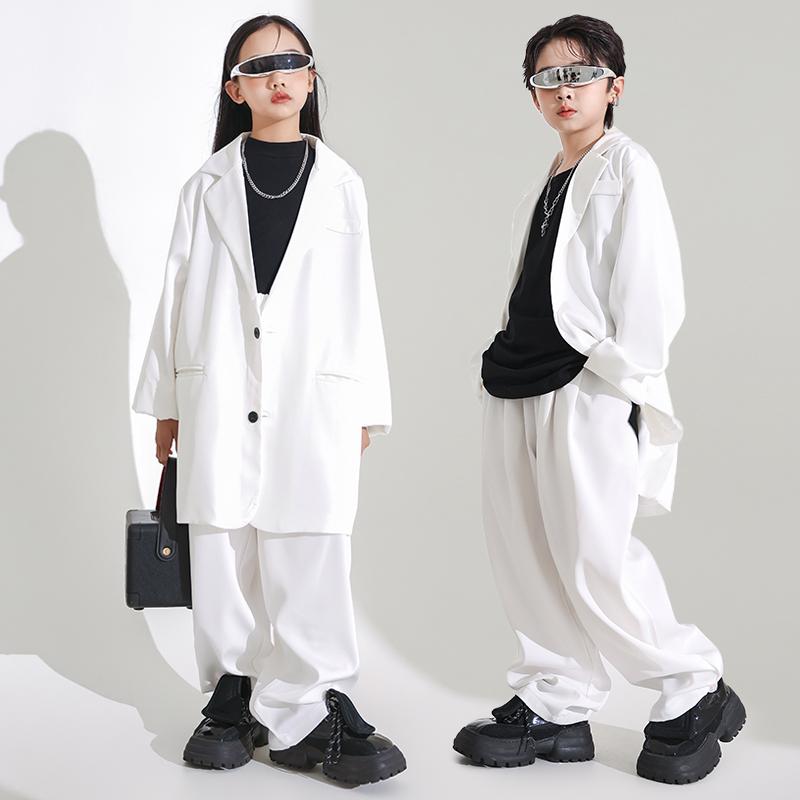 子供 ストリート ダンス パフォーマンス 白 スーツ 女の子 服 ヒップホップ セット 衣装 ジャケット ステージ 男の子 パンツ
