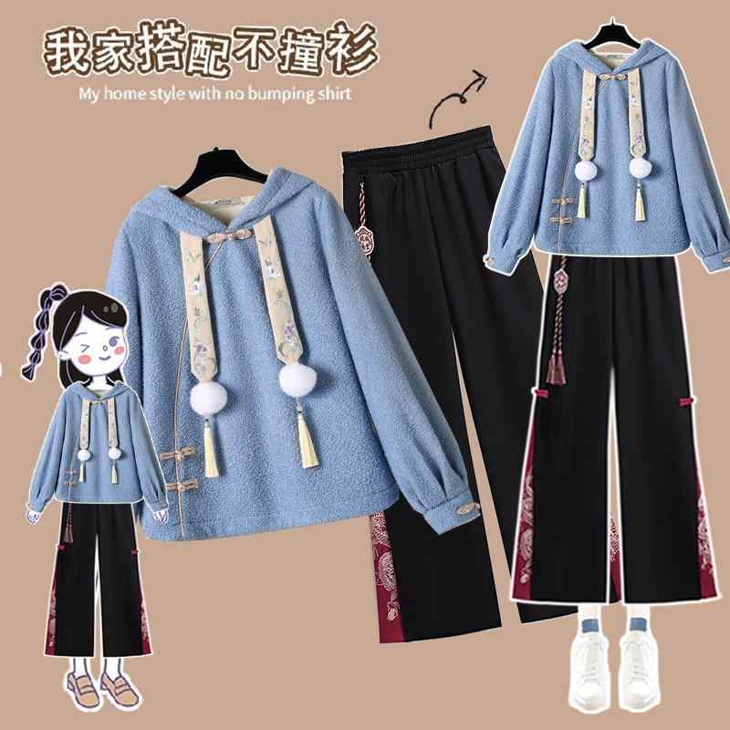 シャツ レディース 秋 冬 ファッション 女性用 中華 スウェット バックル フード トップス 漢服 レトロ スウェット ツーピース スーツ 小柄