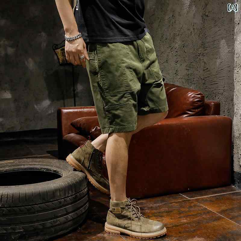 メンズ ショートパンツ アメリカン 夏 ゆったり ストレート カジュアル レジャー 半ズボン ハーフ 五分丈 膝上丈 ボトムス ややストレッチ性 カーゴ アーミーグリーン カーキー ボトムス 防汚 メンズ 大きめサイズ