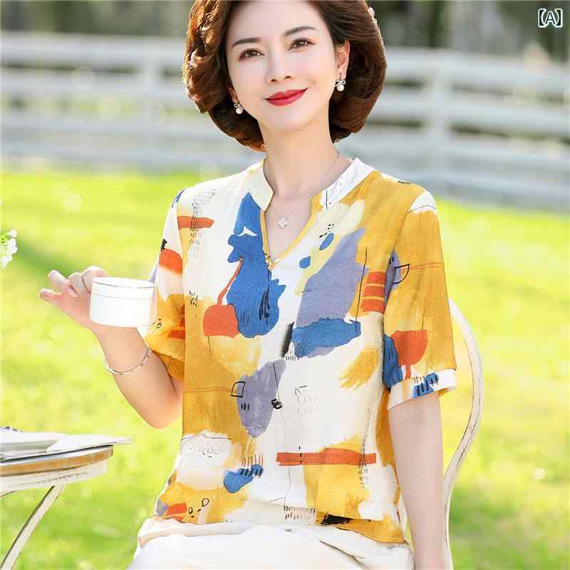 お母さん 半袖シャツ トップス パンツ セットアップ レディース 夏服 大きめサイズ ゆったり プルオーバー 薄手 軽量 快適 清涼感 通気性 おしゃれ カラフル エレガント ファッション