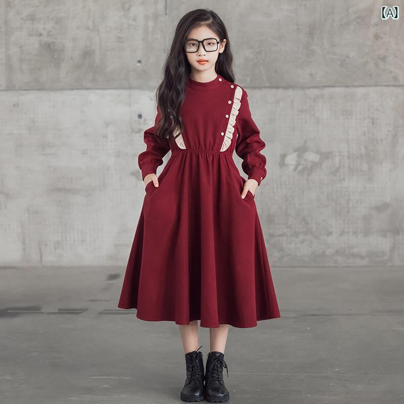 ワンピース かわいい 女の子 子供服 ガールズ ドレス 春秋 膝丈 スカート ロング ガール プリーツ 子供 レトロ