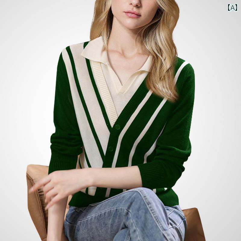レディース ファッション 秋服 ストライプ 長袖 カラーブロック プルオーバー 婦人服 クラシカル エレガント ニットセーター 重ね着風