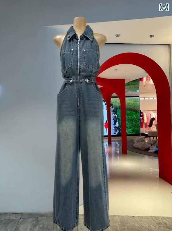 レディース カジュアル 夏 パンツ オーバーオール つぎ おしゃれ 作業着 ハイウエスト スリム ショルダー ノースリーブ デニム ジャンプ スーツ ワイド レッグ