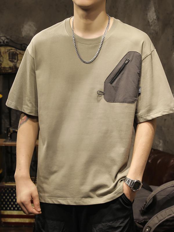 メンズ Tシャツ 半袖 夏 トップス ラウンドネック 丸首 ジッパーポケット おしゃれ 薄手 ゆったり 綿混紡 ポリエステル繊維 通気性 カーキ ホワイト ブラック 白 黒 ノーアイロン 大きめサイズ メンズ