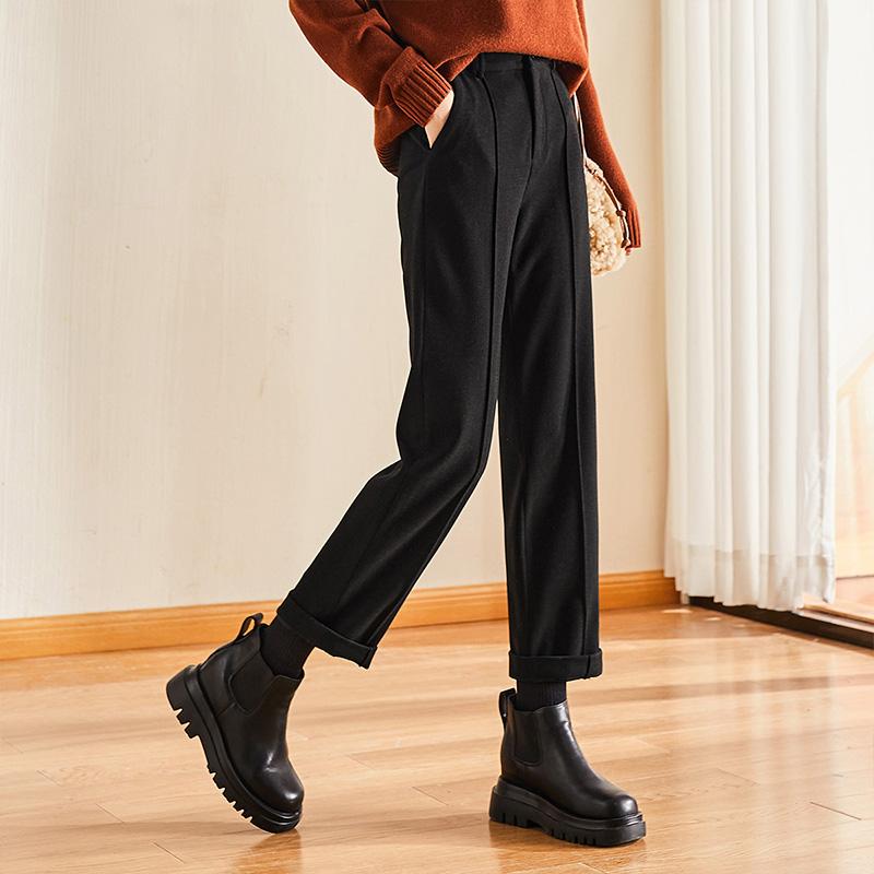 レディース ボトムス カジュアル 婦人服 パンツ ズボン 秋冬 ストレート スリムフィット ハイウエスト 厚手 ウール｜セキュアデポ