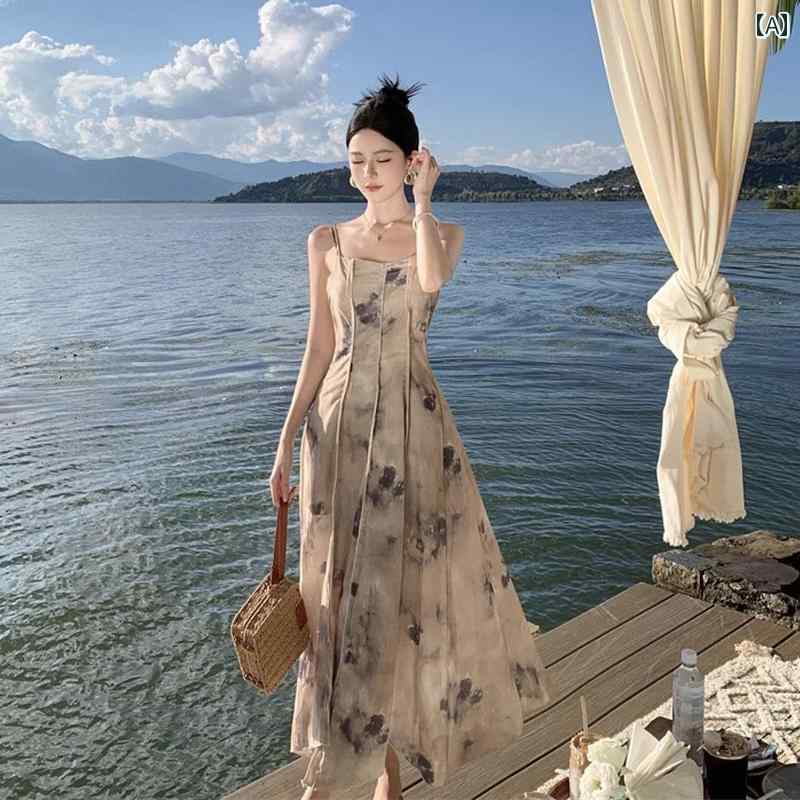 レディース 夏 リゾート ワンピース 中華風 インク 背中 開いた サスペンダー ドレス シック レトロ 海辺 休暇 ロング