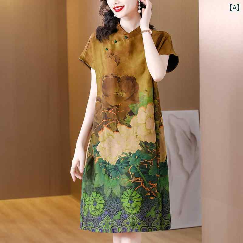 レディース 夏 ワンピース きれいめ 上品 マザーズ ミセス 婦人服 中華風 チャイナ ドレス チュール 女性 大きいサイズ ミドル丈 桑 摩耗|セキュアデポ