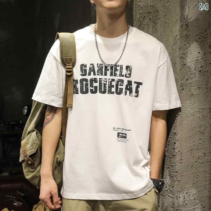 メンズ 半袖 Tシャツ 夏 トップス ラウンドネック アメリカン フロントプリント レトロ風ウォッシュドテキスト英文字 テキストアイデアプリント コットン100 コットンウール カジュアル レジャー
