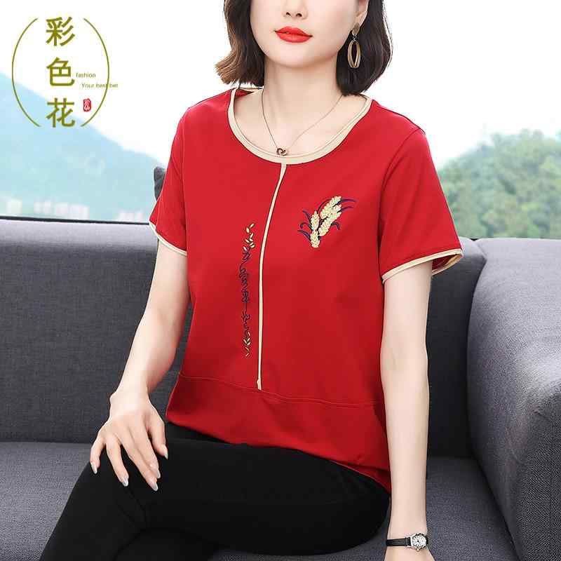 トップス レディース マザーズ 婦人服 普段使い ゆったり 母 綿 Tシャツ 夏 マザーズ カジュアル ラウンドネックプルオーバー 刺繍 半袖