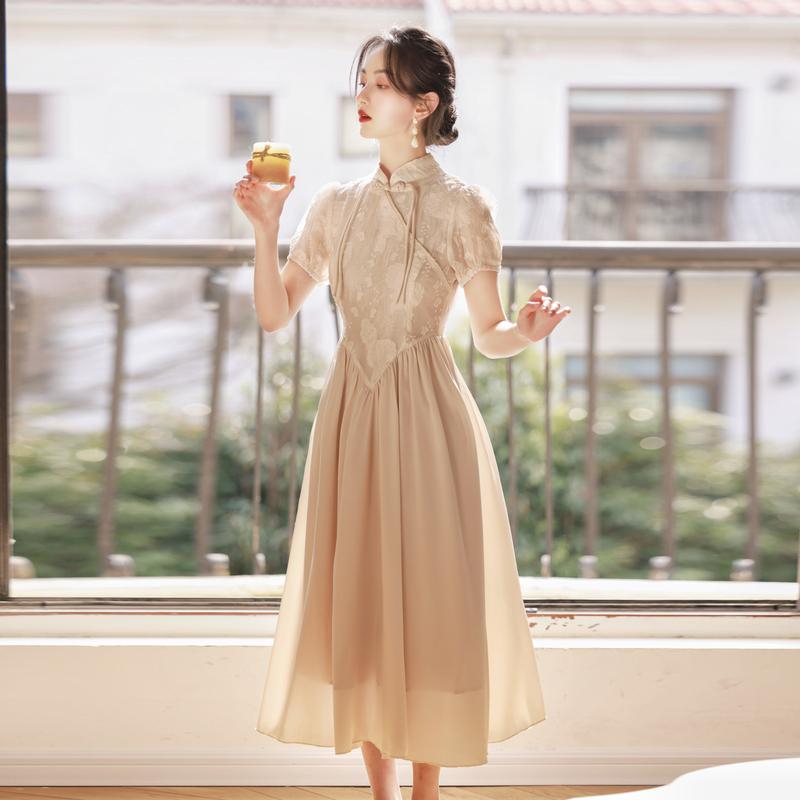 レディース 婦人服 ワンピース ドレス レトロ レース フリル シフォン 秋 中国 チャイナドレス風 パフスリーブ
