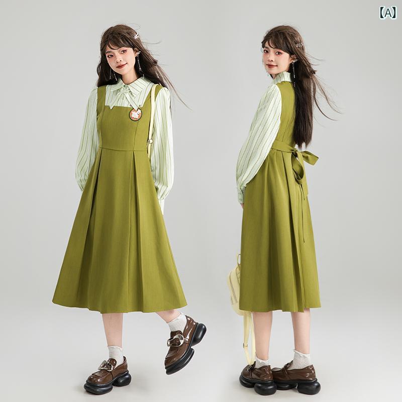フェイク セットアップ 長袖 ワンピース ドレス Aライン 丈 スカート グリーン フレア ウエストマーク アップ効果 かわいい 韓国 ファッション デート 仕事 普段使い使い
