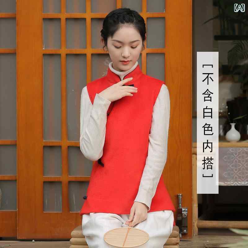 レディース チャイナ風 ベスト 唐装 婦人服 赤 秋冬 中華 キョッキ オレンジ トップス