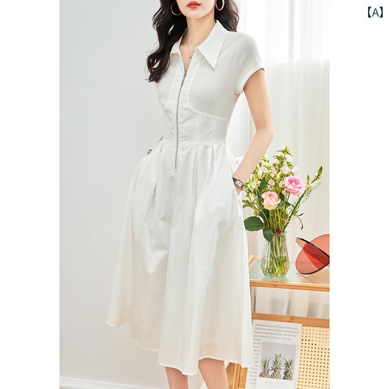 レディース サマー ワンピース きれいめ 上品 婦人服 マザーズ 女性用 白 ハイエンド シャツ ウエスト 痩せ a ライン 大きめ 裾 ドレープスカート|セキュアデポ