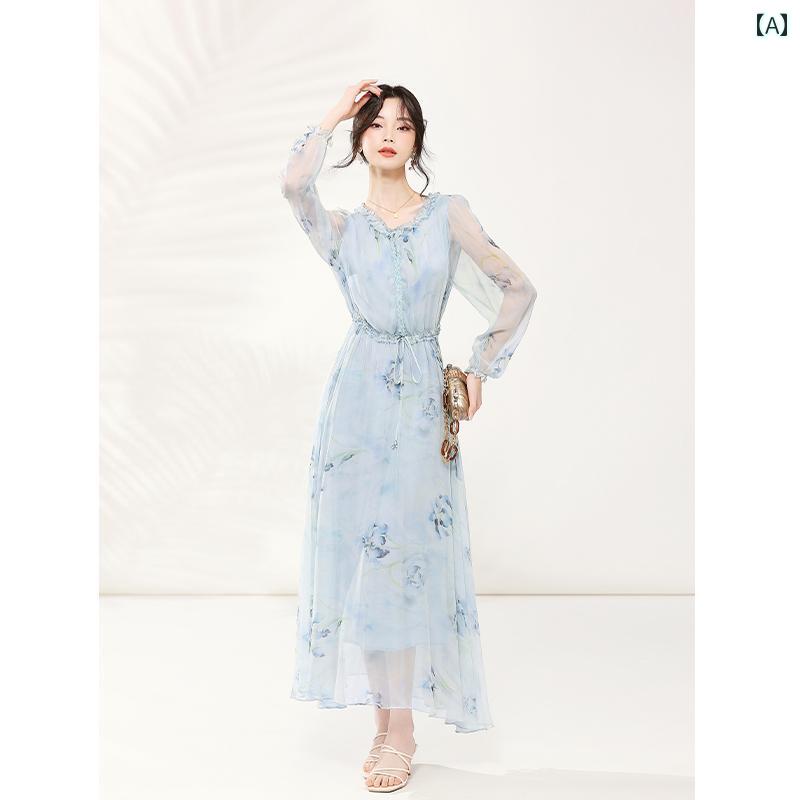 ドレス レディース 夏 ワンピース リゾート 透け感 レトロ レディース 休暇 花柄 スカート シンプル さわやか ブルー