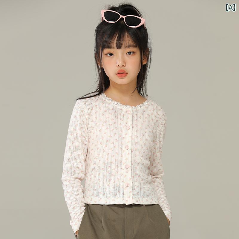 トップス シャツ 子供服 おしゃれ ナチュラル 普段着 キッズ 女の子 春秋 フランス ソフト 花柄 子供 西洋 スタイル スリム 長袖 ニットカーディガン