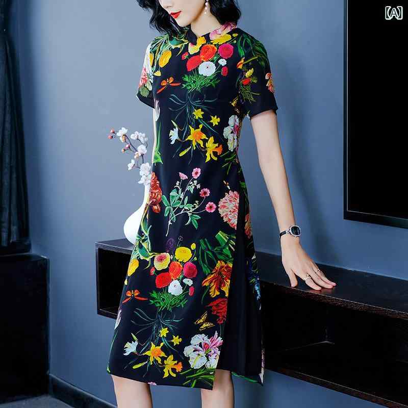 レディース 夏 ワンピース 半袖 きれいめ 上品 マザーズ おしゃれ お母さん お呼ばれ ドレス 婦人服 サマーウェア スタイル レトロ 若々しい チャイナ 中華風
