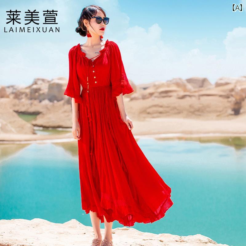 レディース 夏 リゾート ワンピース 砂漠 旅行 服 スーパー フェアリー ドレス 赤い 写真 ロング 海辺 休暇 ビーチ|セキュアデポ