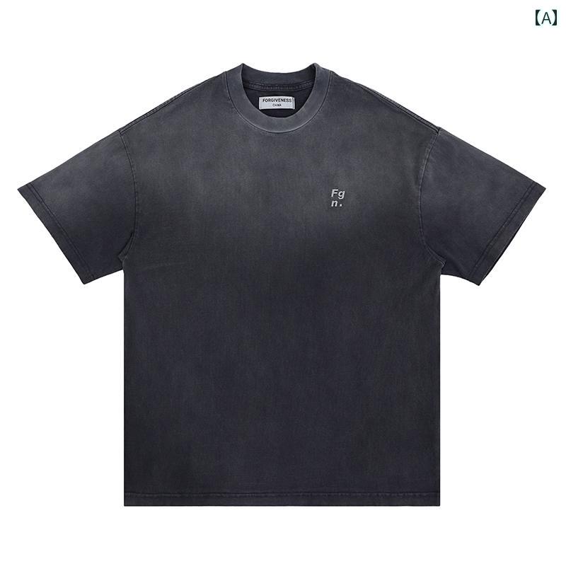 Tシャツ 半袖 夏 ゆったり アメリカン ストリート スケーター メンズ シャツ カジュアル おしゃれ ウォッシュド ダメージ グラデーション グレー オーバーサイズ 刺繍