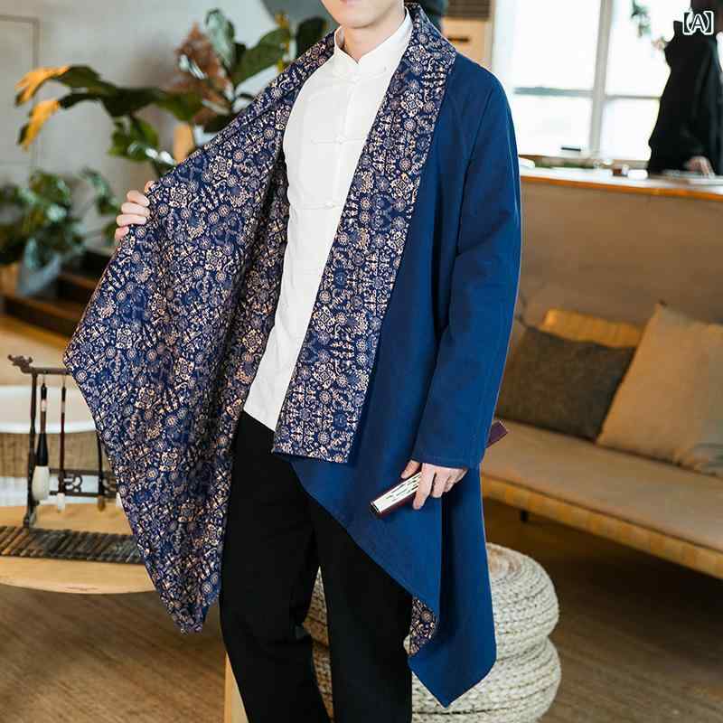 メンズ アウター 中華風 唐服 漢服 男性用 マント コート エスニック レトロ ドレス 瞑想 スーツ 道教 ローブ 綿麻 ガウン