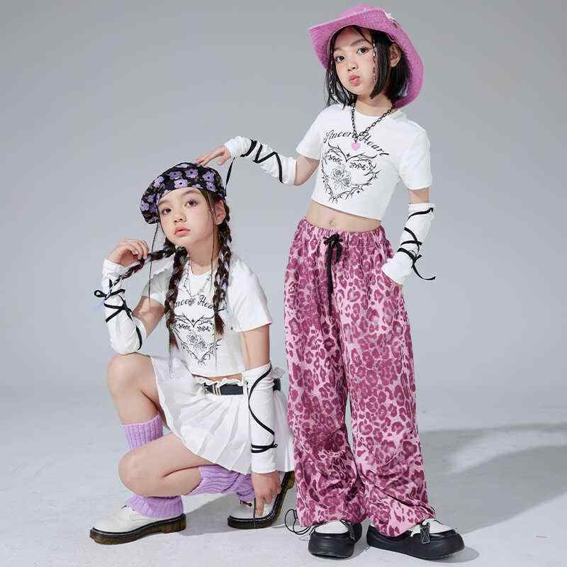 子供服 女の子 Tシャツ へそ出し ヒョウ柄パンツ ミニスカート 夏 コスチューム バンド ダンス ヒップホップ ストリート系 パフォーマンス 衣装 クール かっこいい キッズ