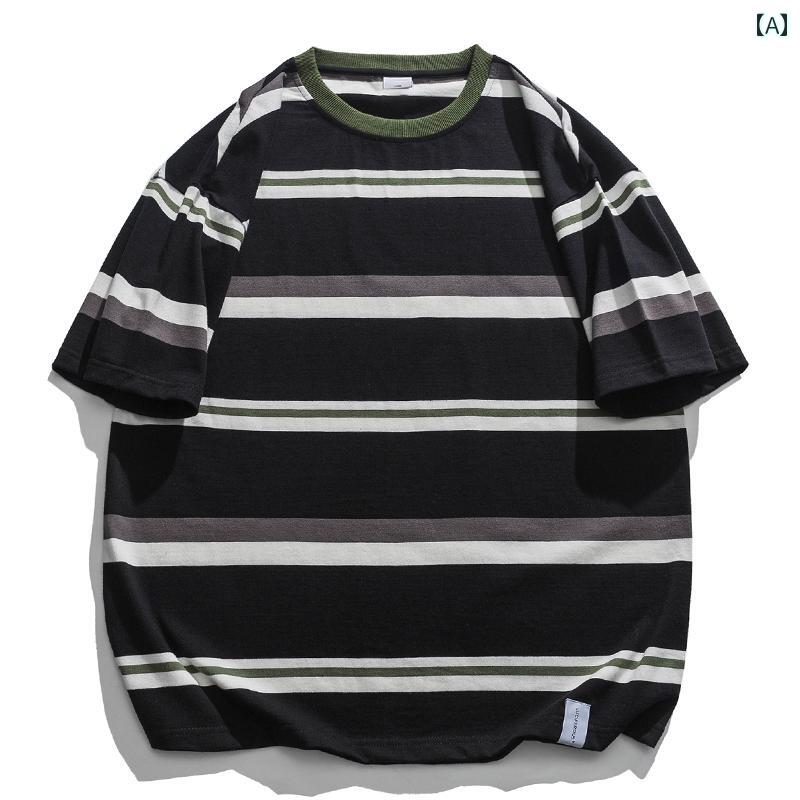 Tシャツ メンズ 半袖 夏 ストリート カジュアル 紳士服 メンズ トップス おしゃれ レトロ ラウンドネック ボーダー
