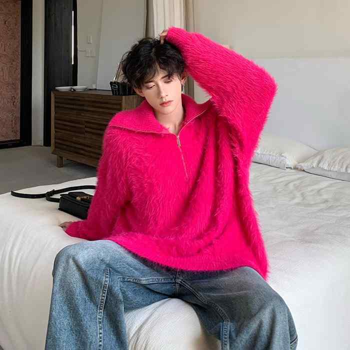 ジャケット 秋 冬 ニット セーター トップス ローズレッド モヘア 男性用 女性用 ドラゴンフルーツ カラー