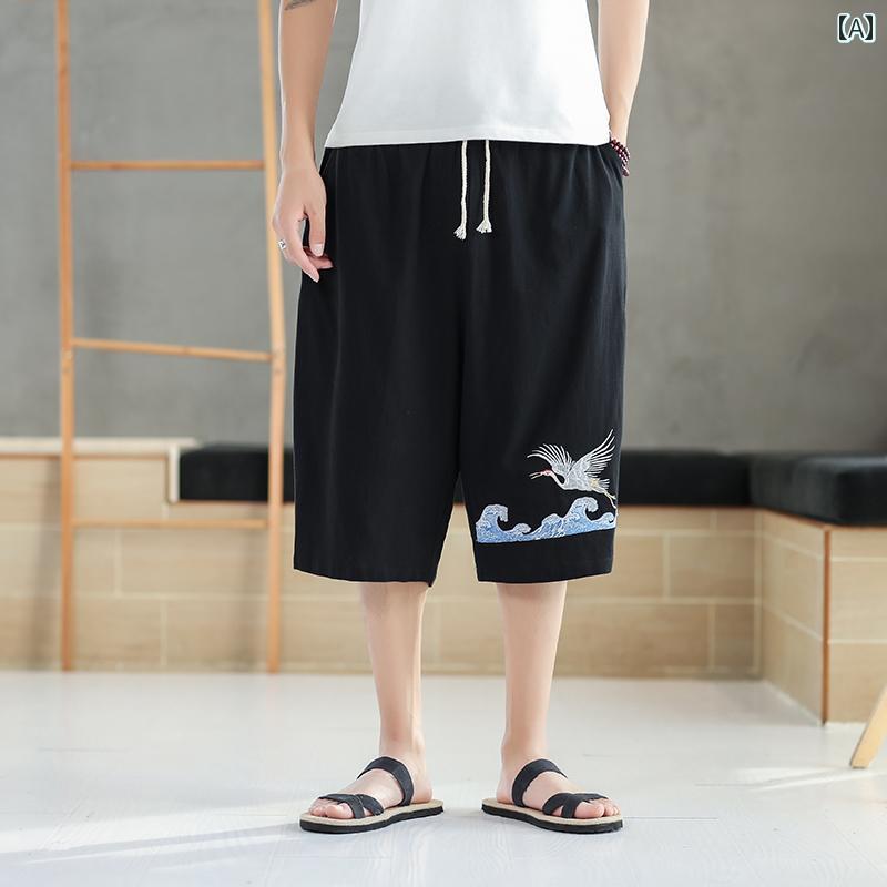 メンズ パンツ 中華風 綿 リネン ミディアム ジョッパーズ ビーチ 大きい ショート 大きいサイズ クレーン