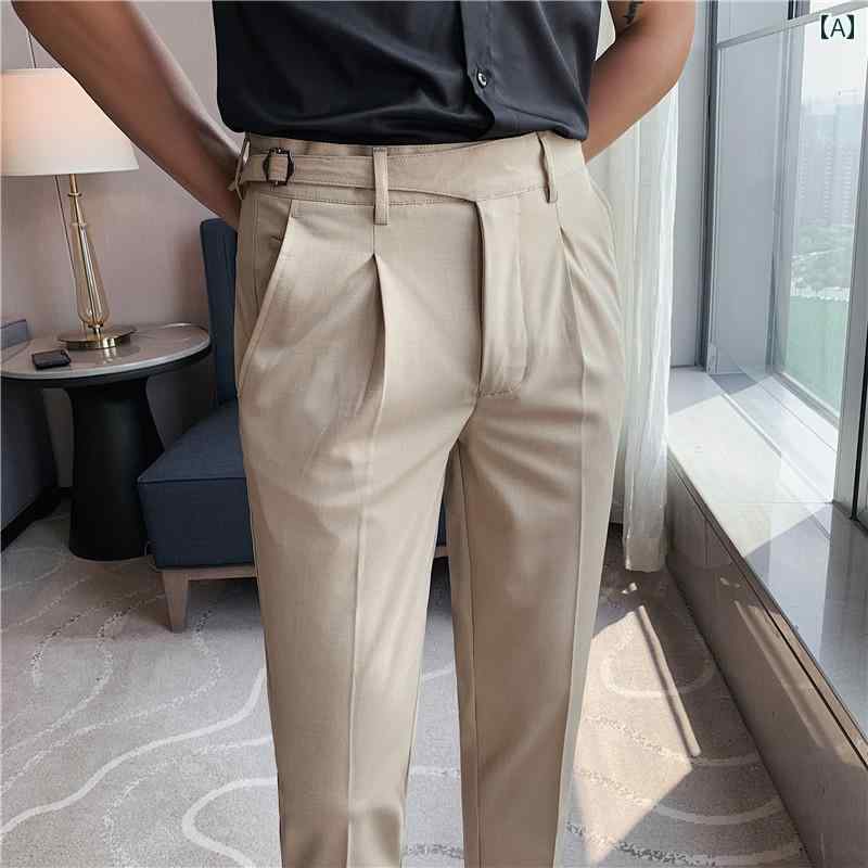 パンツ スラックス メンズ 通気性 質 夏用 細い ベルト 装飾 九分丈 スリムフィット ヤッピー プロ
