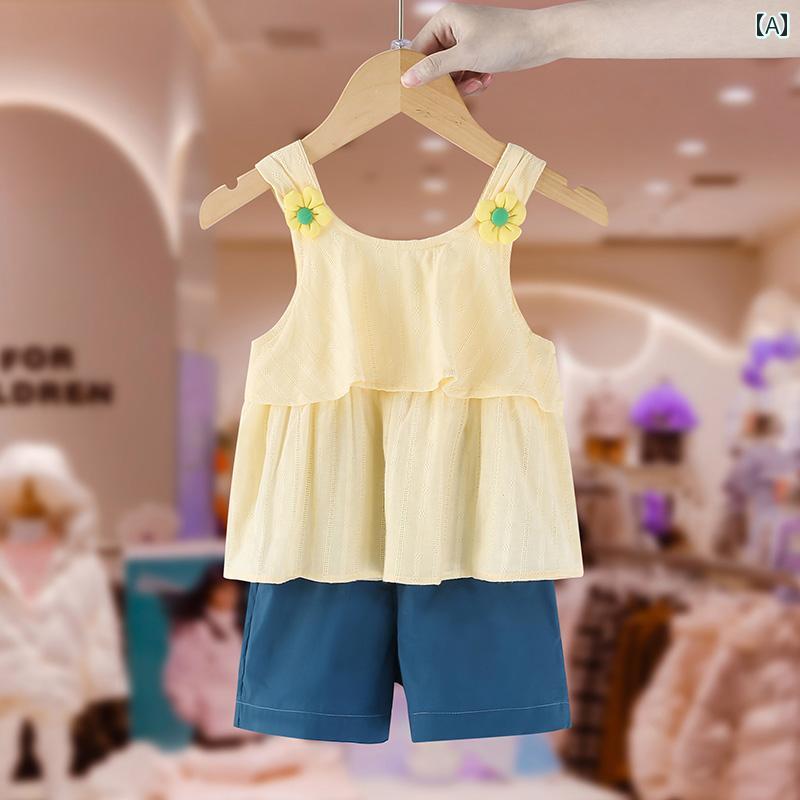 トップス キッズ ウェア ガールズ スーツ 夏 子供服 小さい ガールズ ベスト 薄手 通気性 ショーツ 2 ピース セット